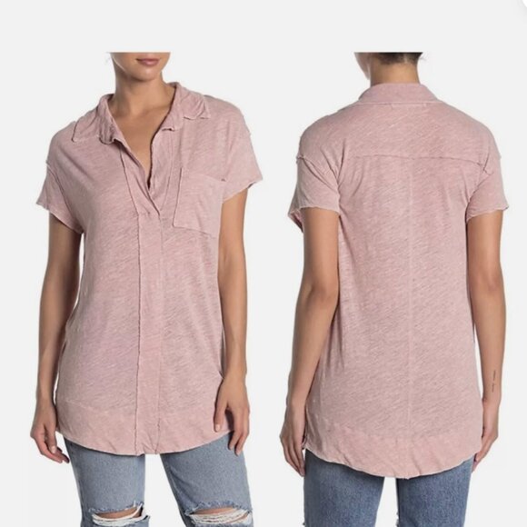 Free People Women's XS Pink Button-Up Collared Shirt Short Sleeve Casual - Picture 1 of 13